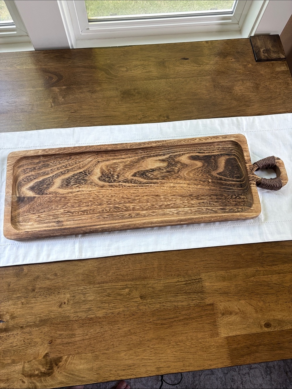 Handcrafted Long Wooden Serving Platter with Handle - Brown